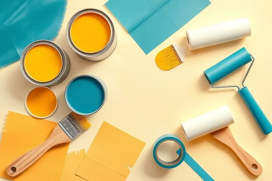 Pots de peinture, nuancier, brosses et rouleaux disposés à plat