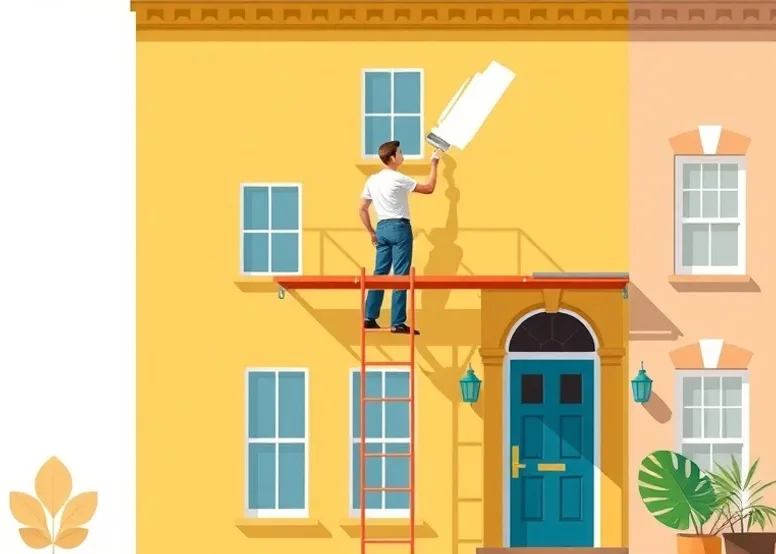 Peintre sur échafaudage traitant la façade d'une maison