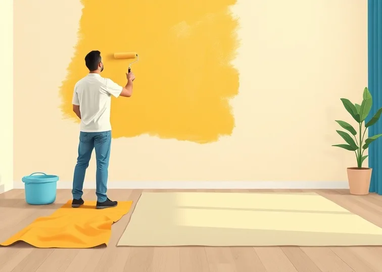 Peintre appliquant la peinture au rouleau sur un mur de salon